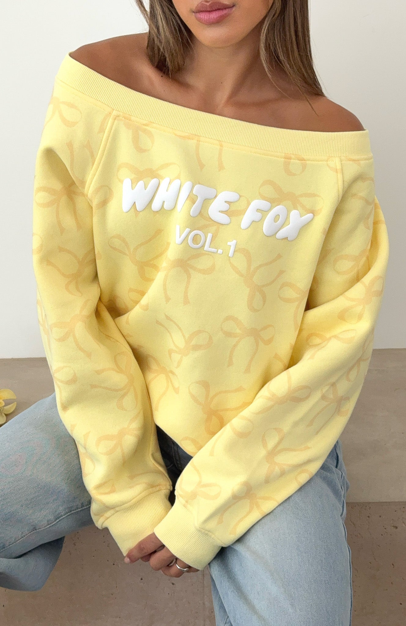 Vol. 1 Off Shoulder Printed Sweater Lemon Bow - Image 2