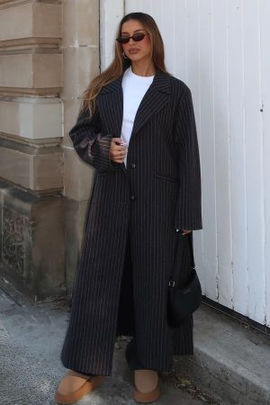 Walk By Me Oversized Coat Charcoal Pinstripe