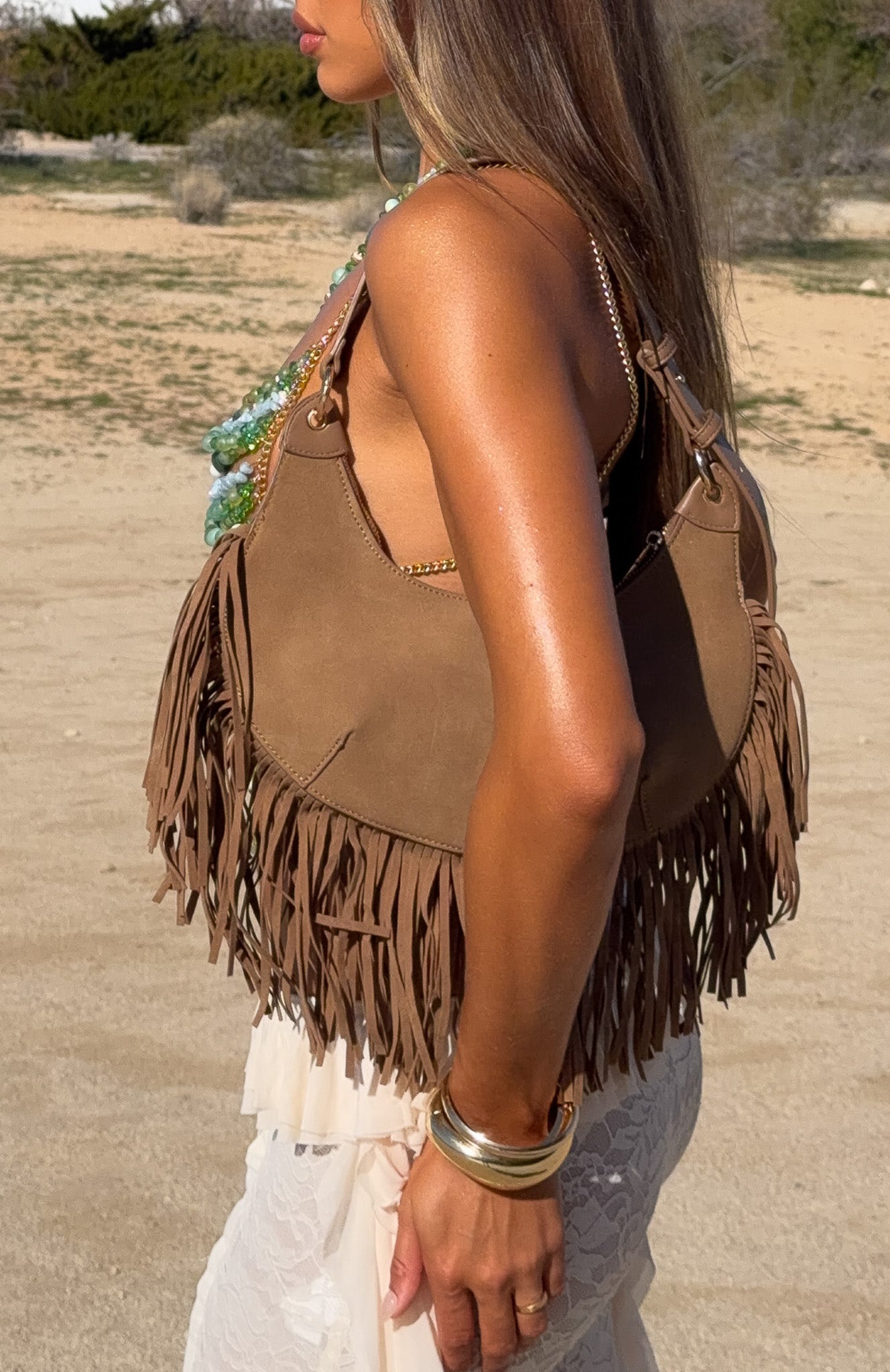 Wells Shoulder Bag Taupe Faux Suede - Image 5