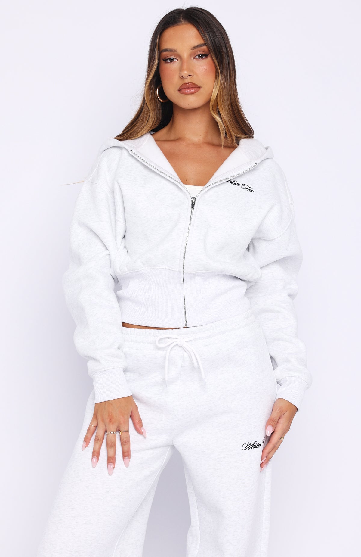 Wishing For It Cropped Cinched Zip Front Hoodie Grey Marle - Image 3