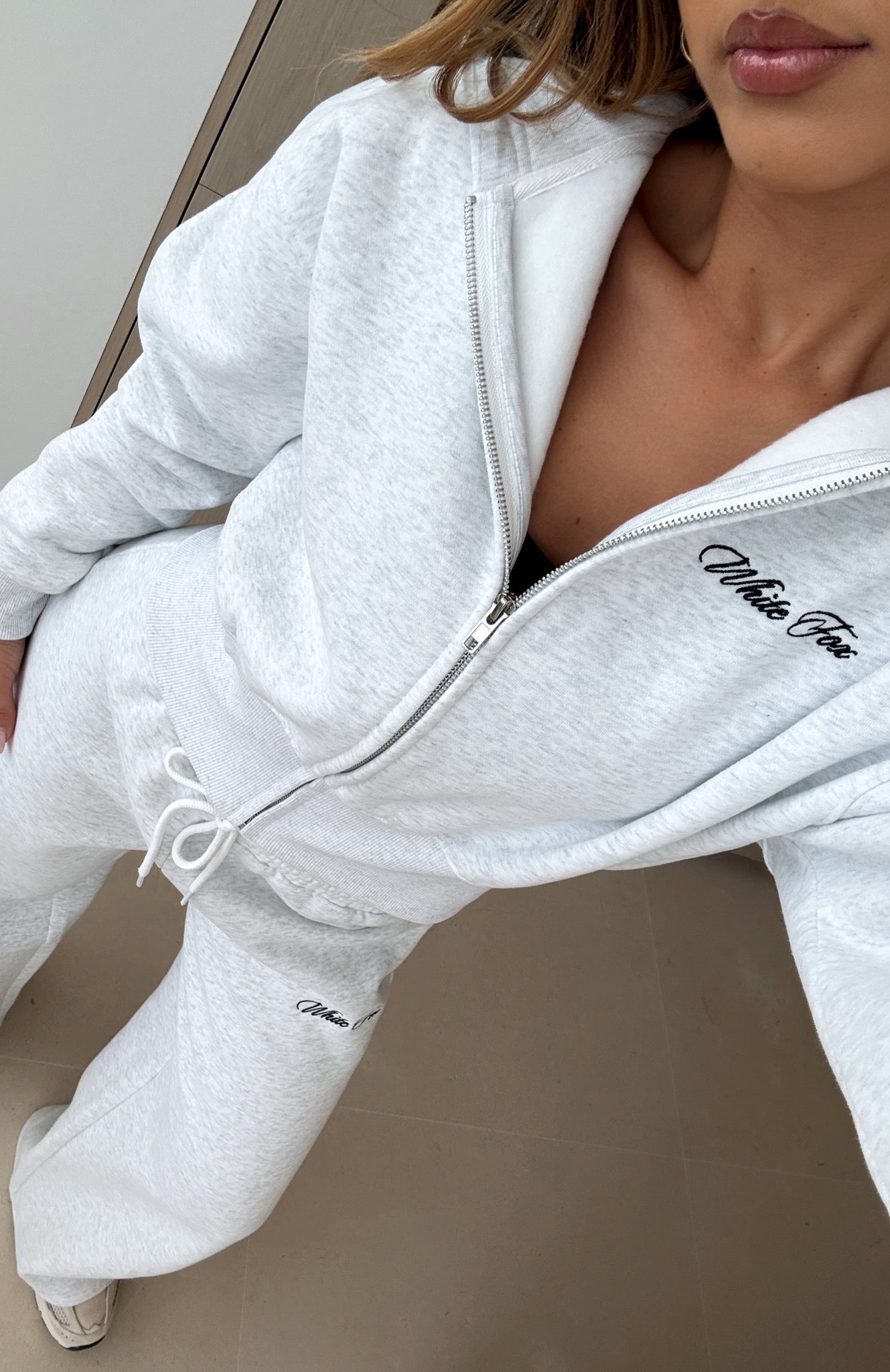 Wishing For It Cropped Cinched Zip Front Hoodie Grey Marle - Image 2