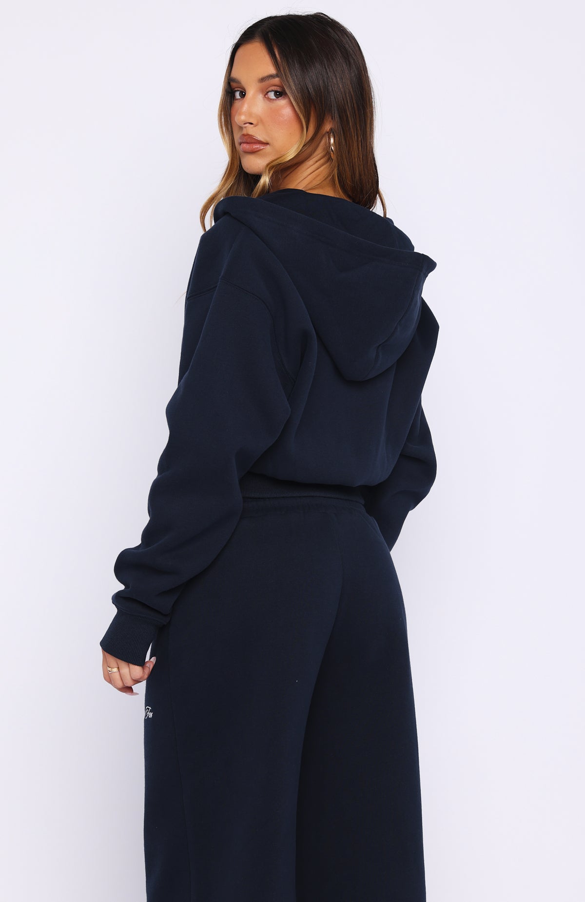 Wishing For It Cropped Cinched Zip Front Hoodie Navy - Image 4