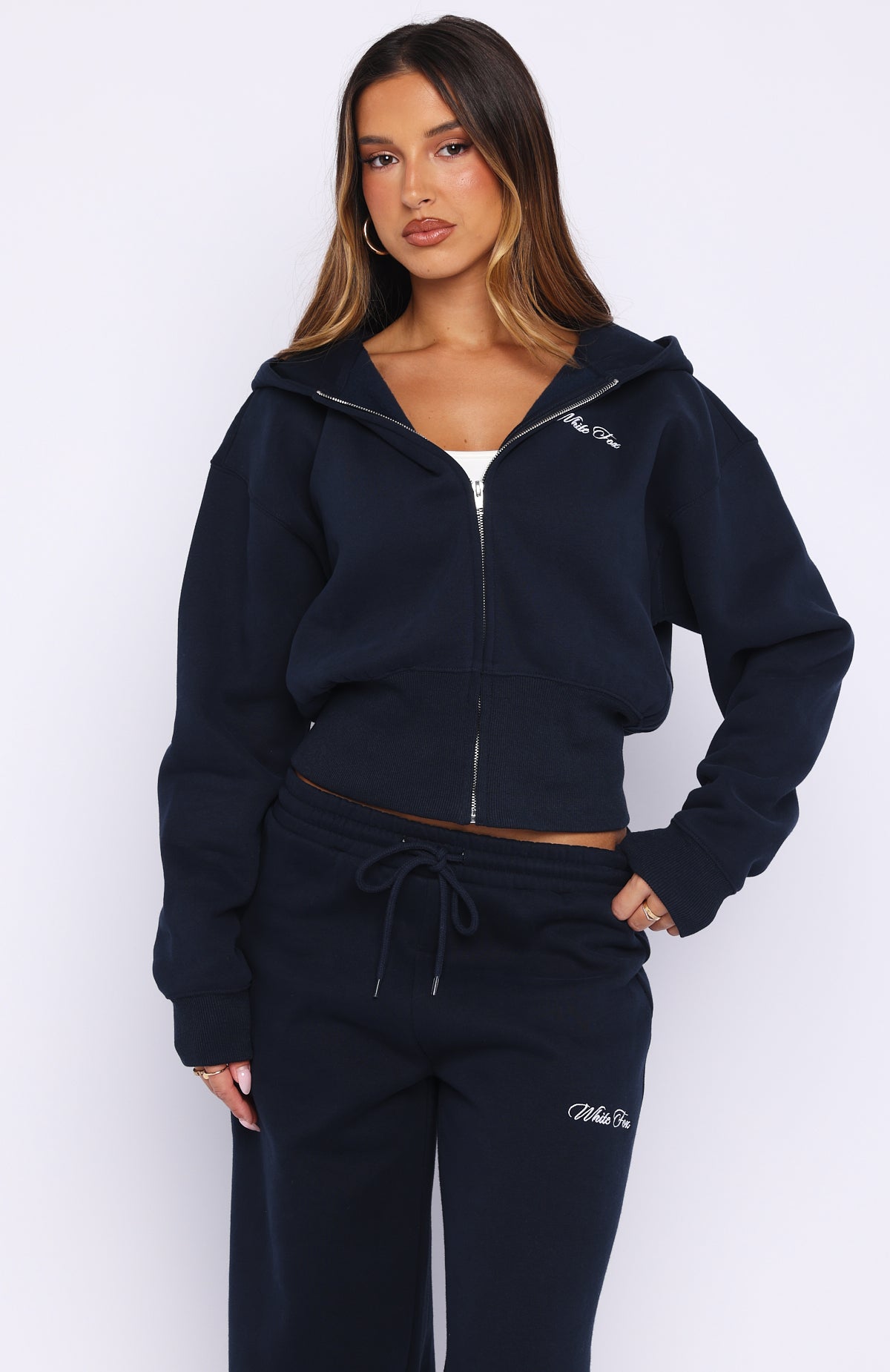 Wishing For It Cropped Cinched Zip Front Hoodie Navy - Image 2