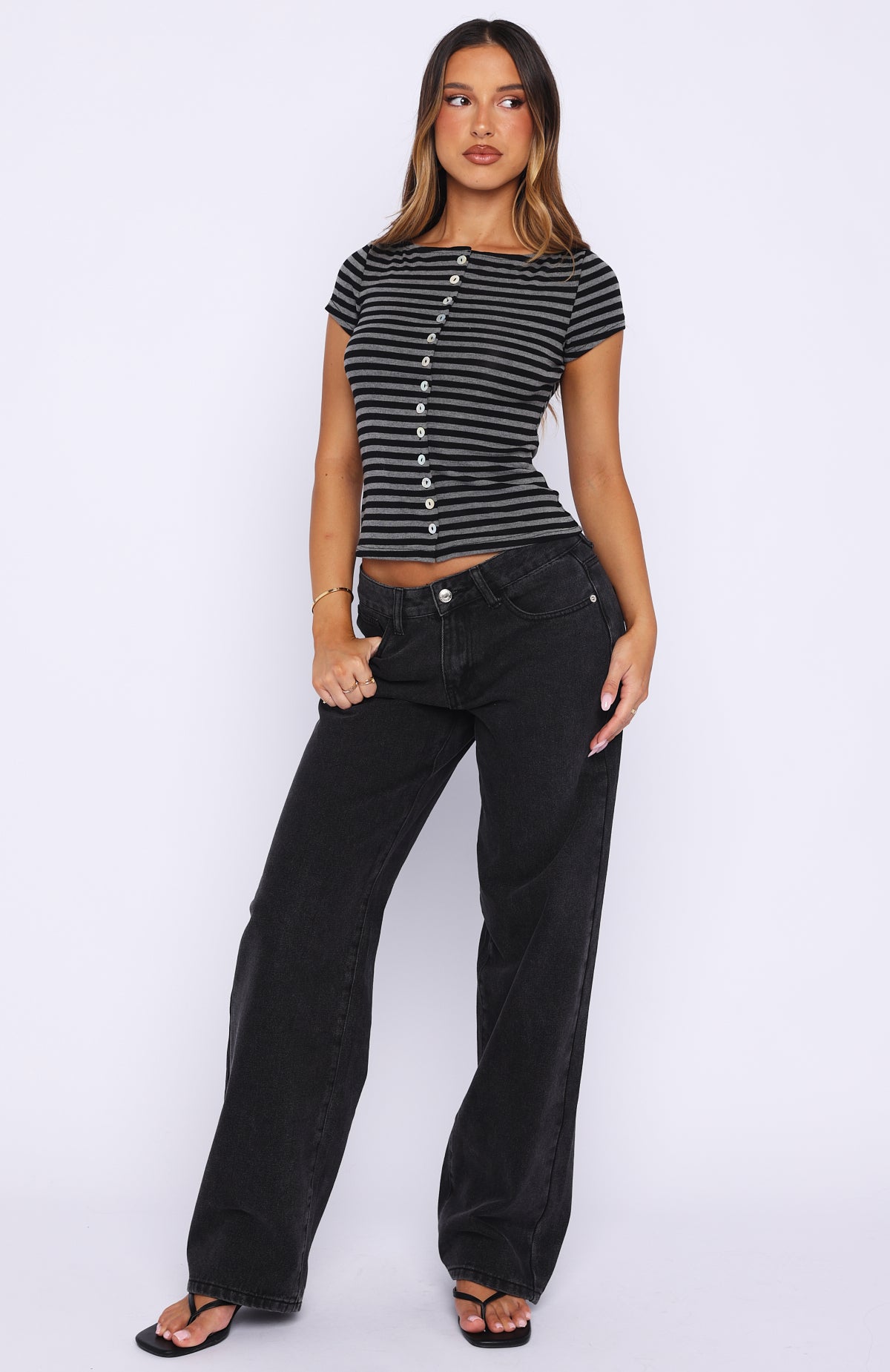 You Were Right Striped Button Up Top Dark Grey/Black Stripe - Image 5
