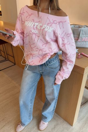 Vol. 1 Off Shoulder Printed Sweater Posy Bow