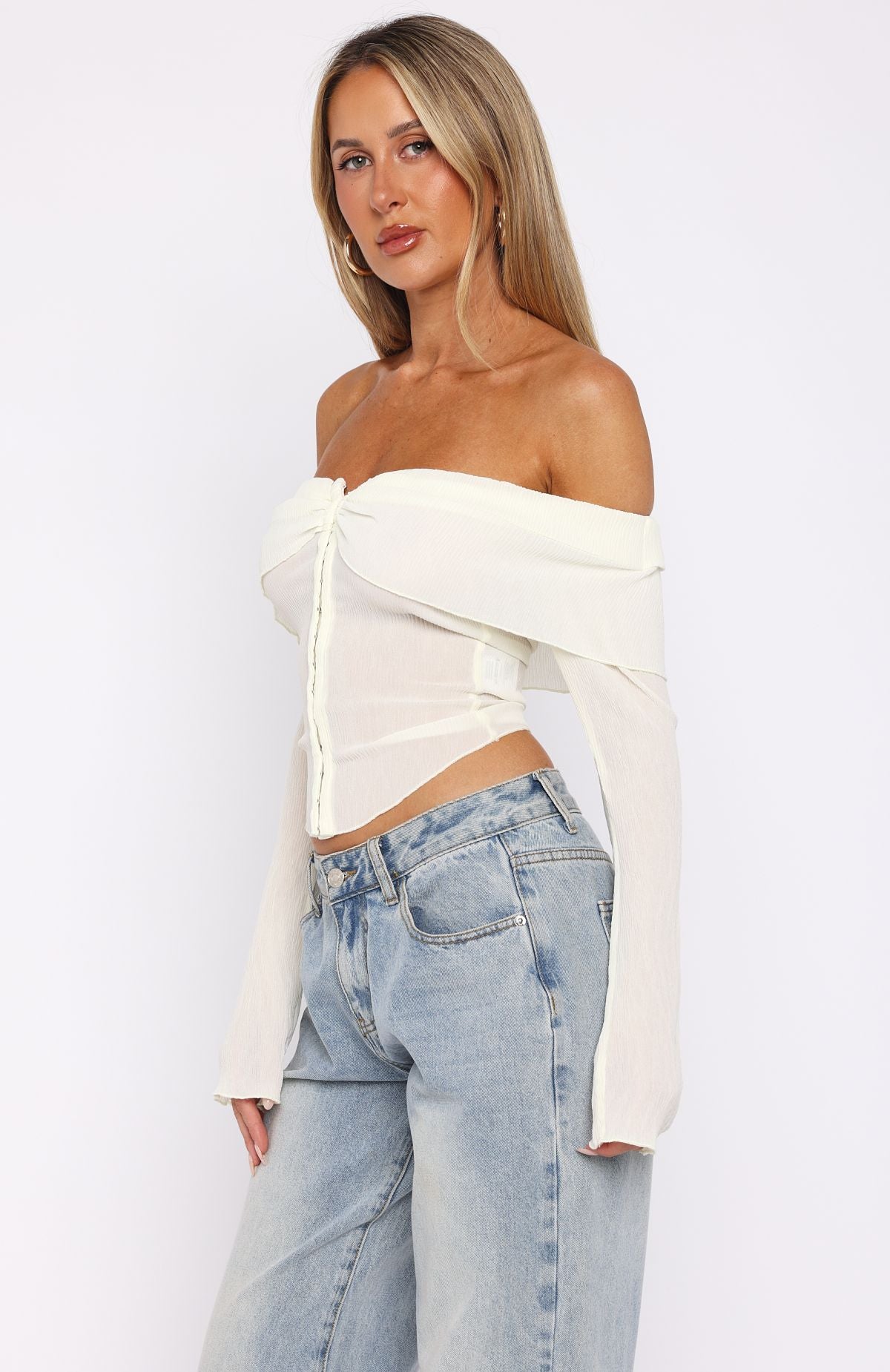 Mood Forever Long Sleeve Off Shoulder Top Cream - Image 3