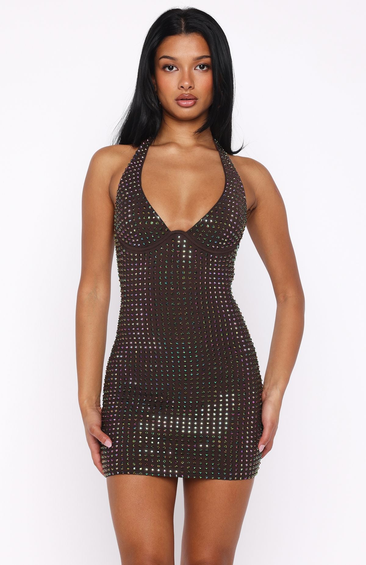 Full Of Love Embellished Mini Dress Chocolate - Image 3