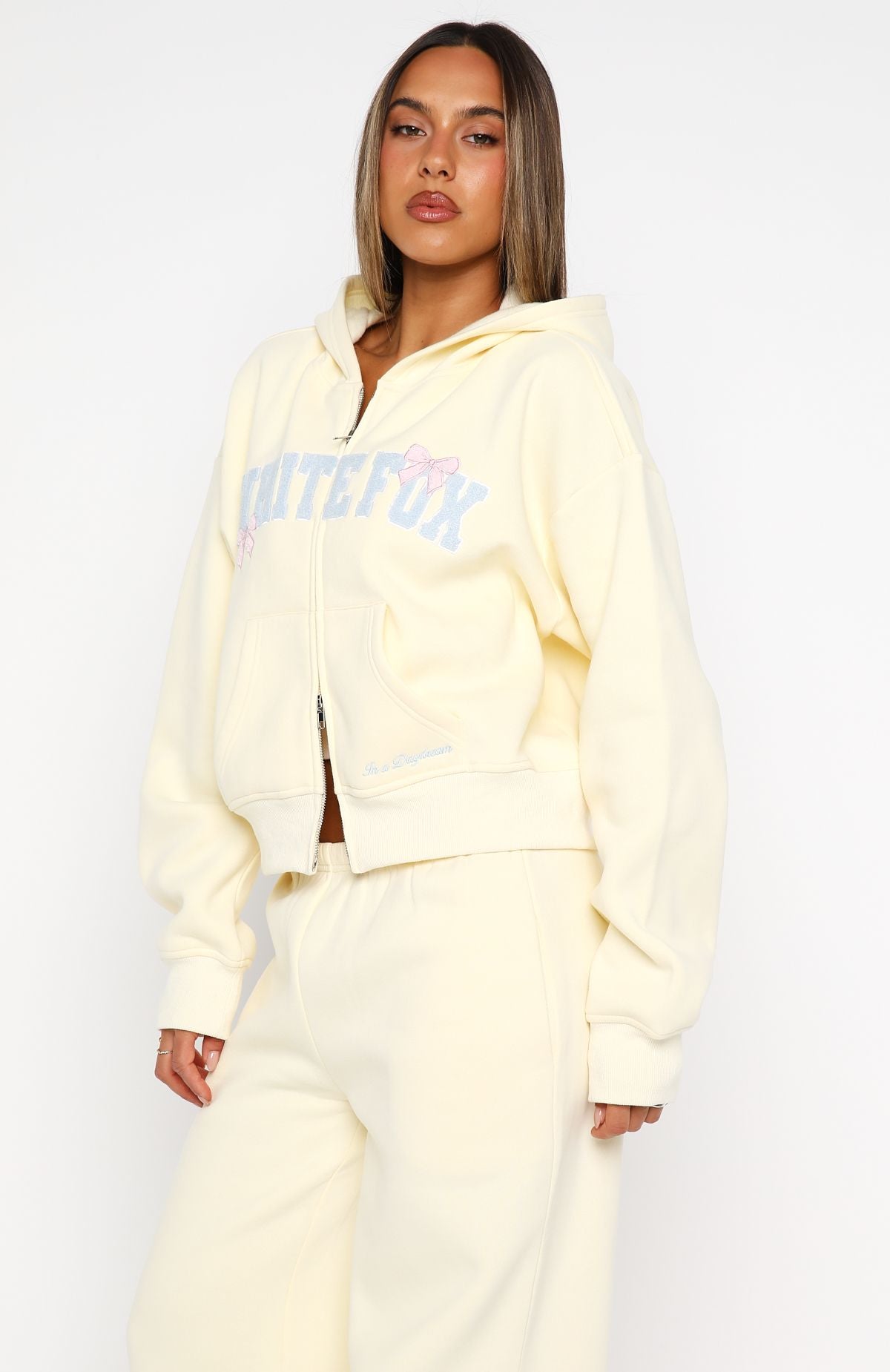 Daydreamers Madeline Boxy Zip Front Hoodie Lemon - Image 3