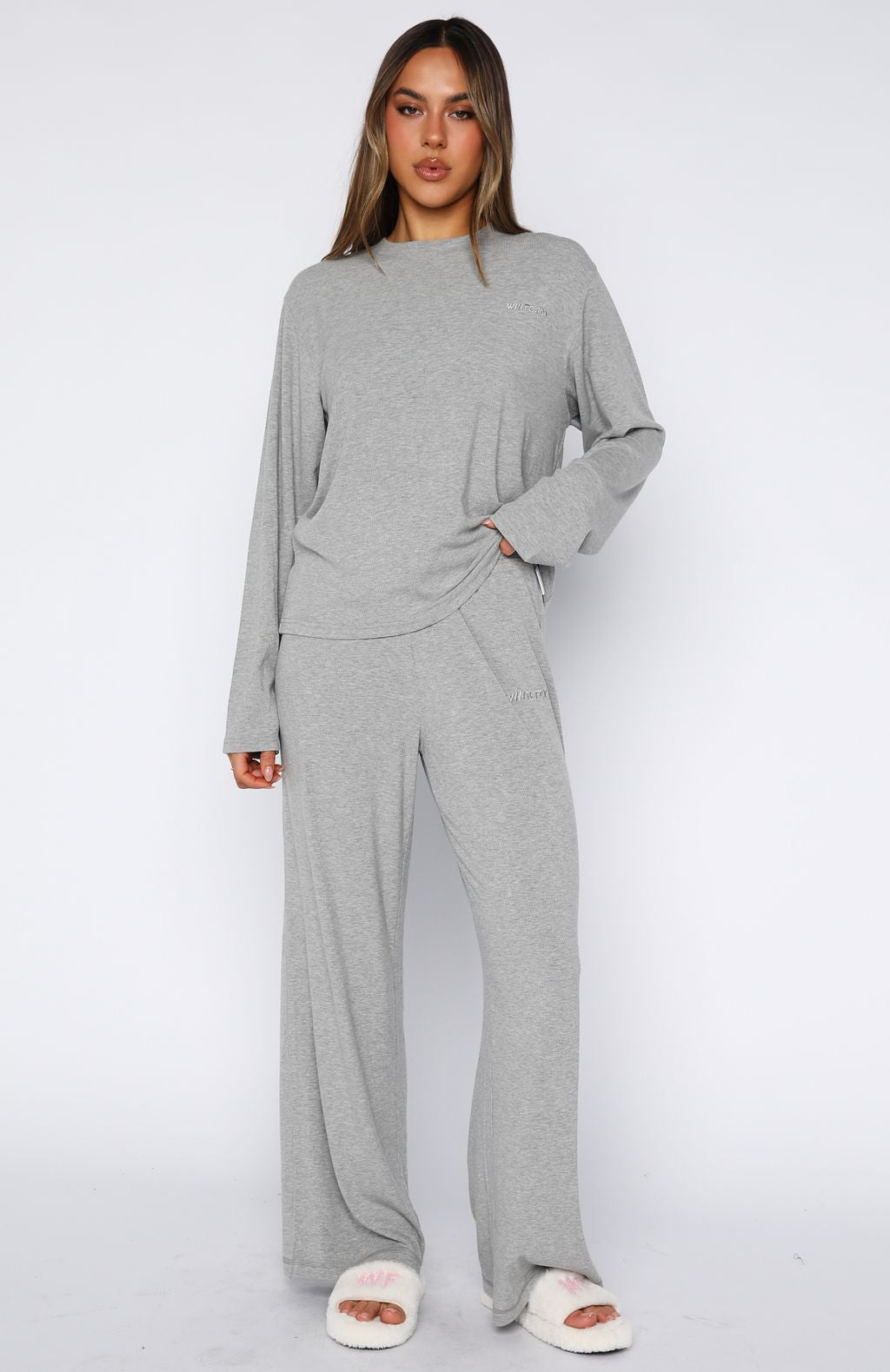 Come A Long Way Soft Lounge Ribbed Wide Leg Pants Grey Marle - Image 3