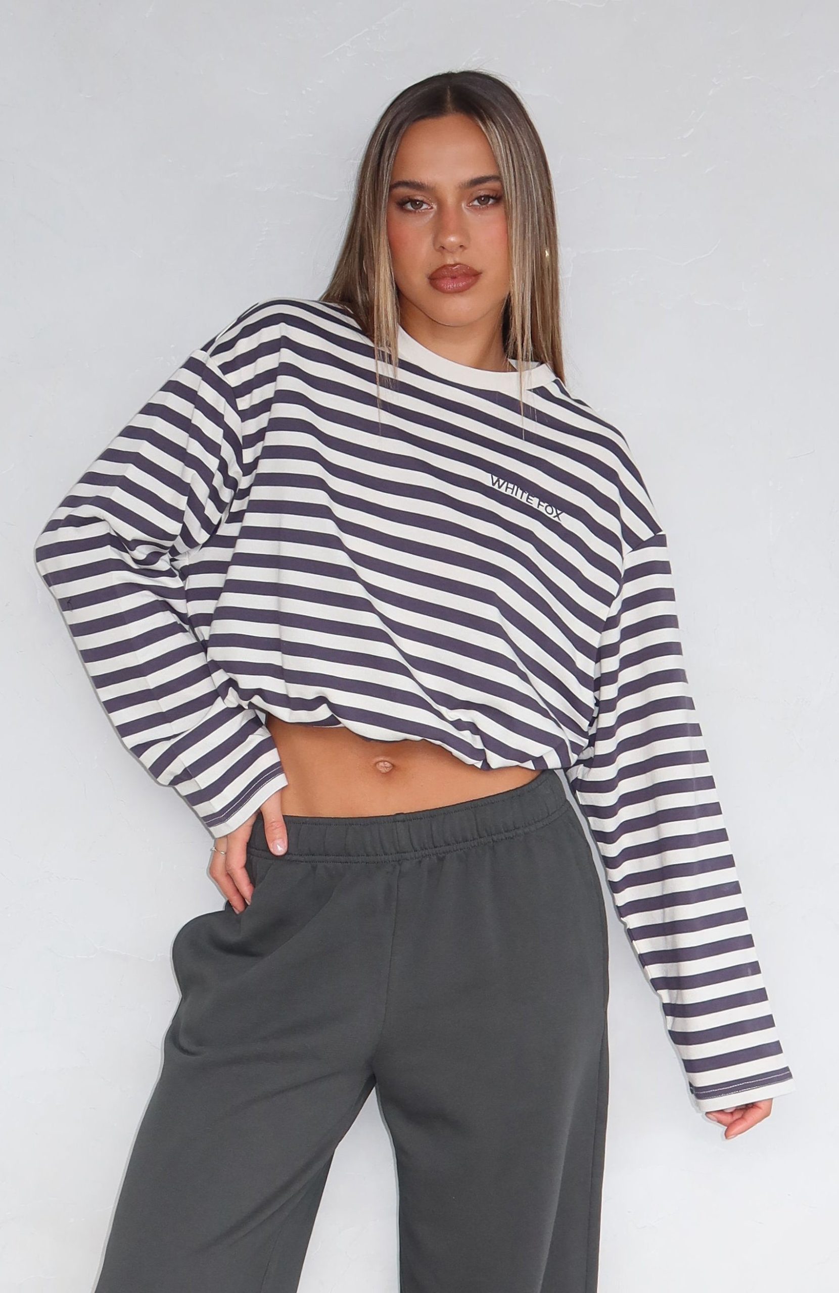 First Time Here Long Sleeve Tee Charcoal/Cream Stripe - Image 5