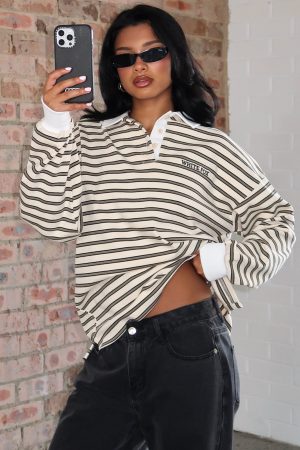 Out Again Long Sleeve Rugby Shirt Cream/Olive Stripe