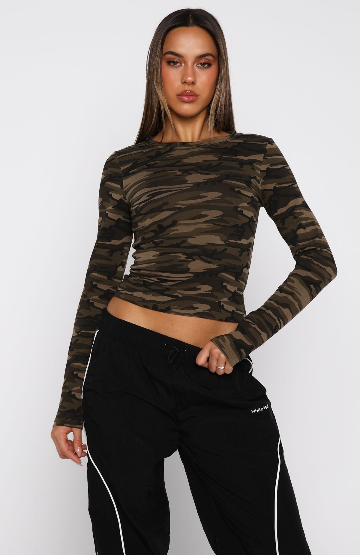 Don't Rein Me In Long Sleeve Baby Tee Camo - Image 2