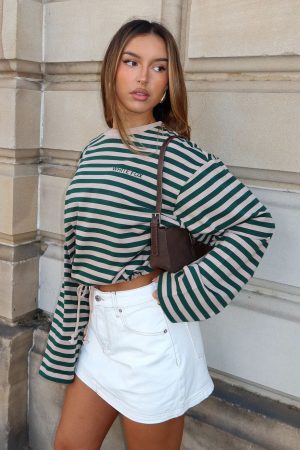 First Time Here Long Sleeve Tee Green/Tan Stripe