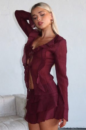Your Status Long Sleeve Blouse Burgundy