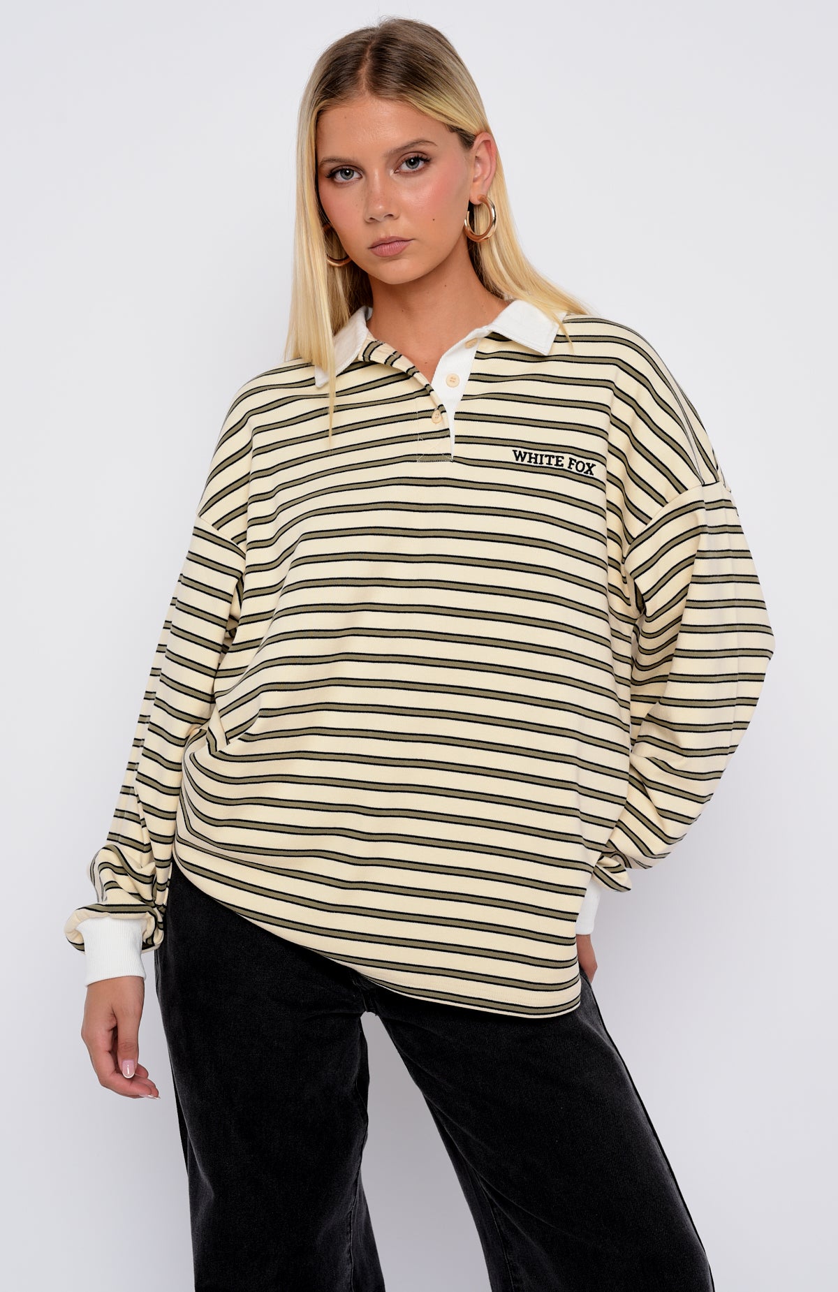 Out Again Long Sleeve Rugby Shirt Cream/Olive Stripe - Image 2
