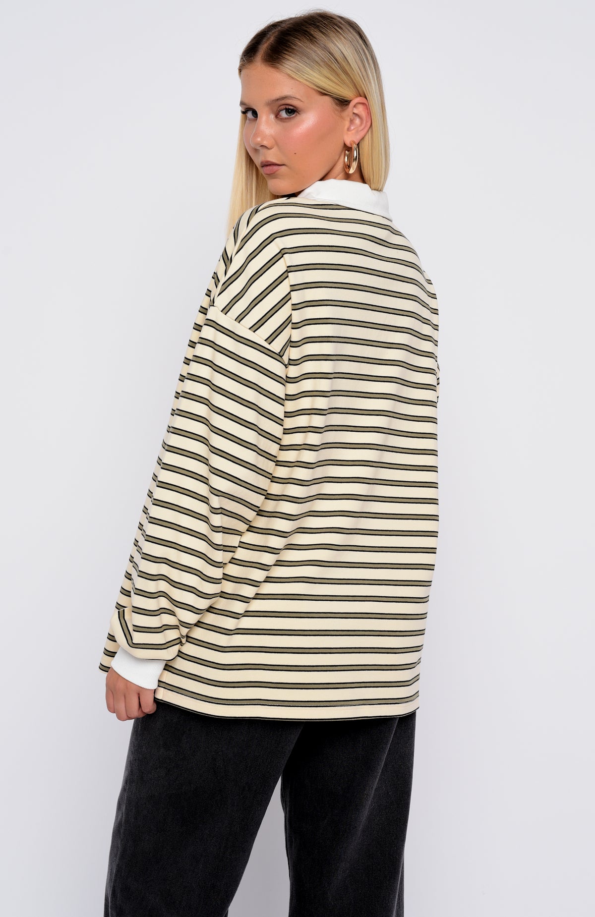 Out Again Long Sleeve Rugby Shirt Cream/Olive Stripe - Image 4