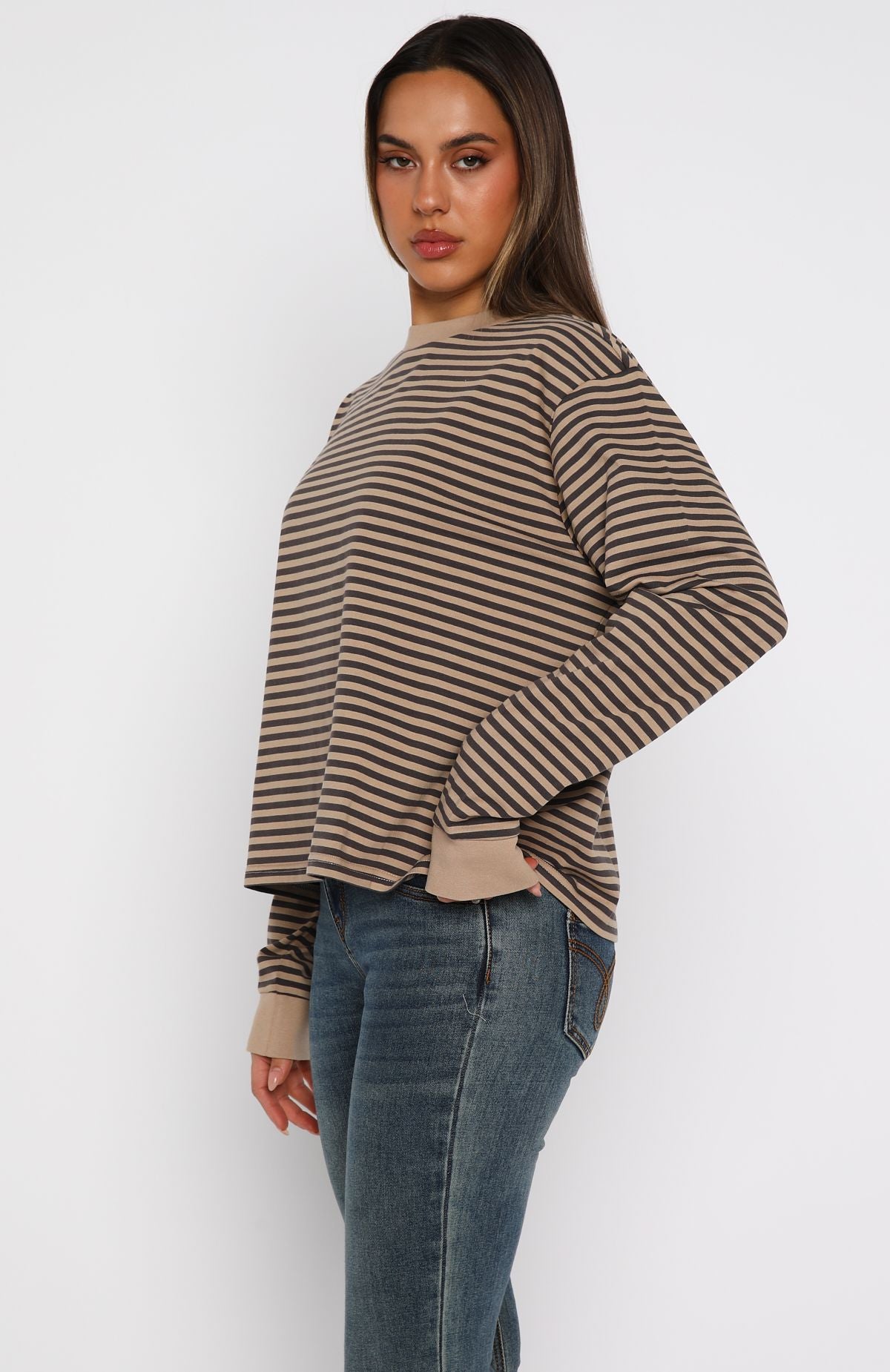 Catch The Drift Long Sleeve Tee Chocolate/Tan Stripe - Image 4