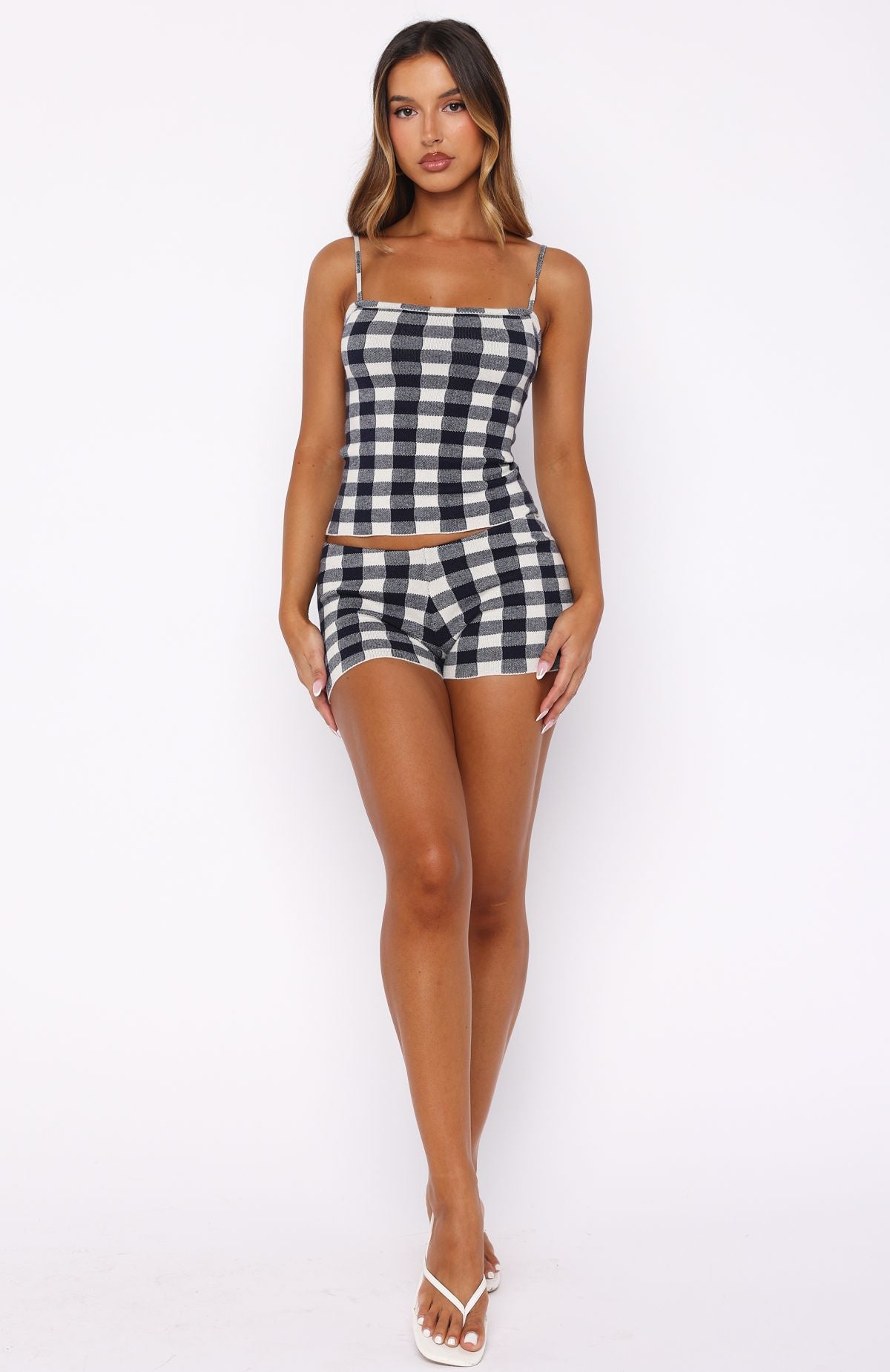Iconic Duo Knit Cami Top Navy/Cream Gingham - Image 5