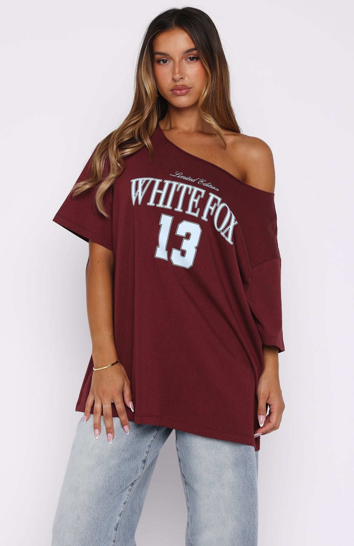 Everything In Time Off Shoulder Oversized Tee Burgundy - Image 2