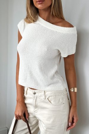 Finding Time Off Shoulder Knit Top White