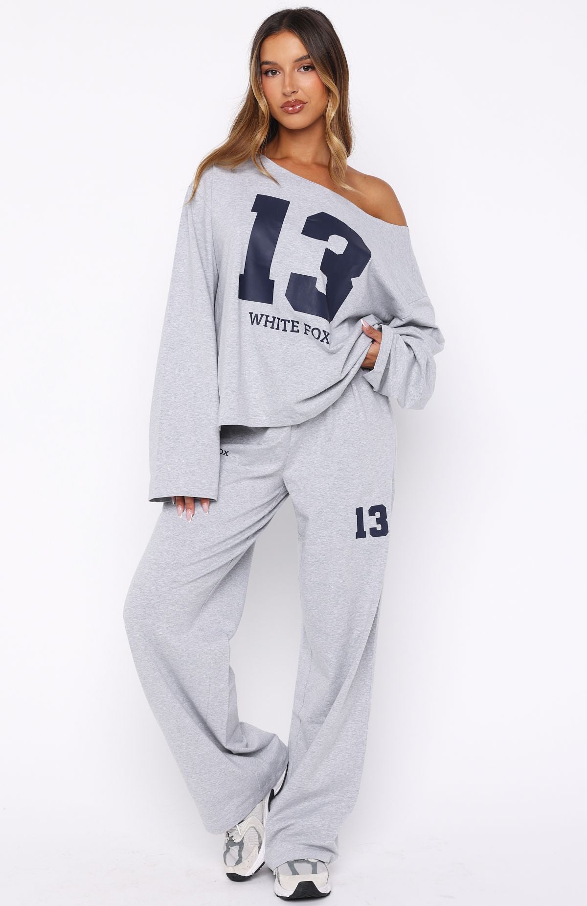 Only One Left Off Shoulder Oversized Long Sleeve Tee Grey Marle - Image 5