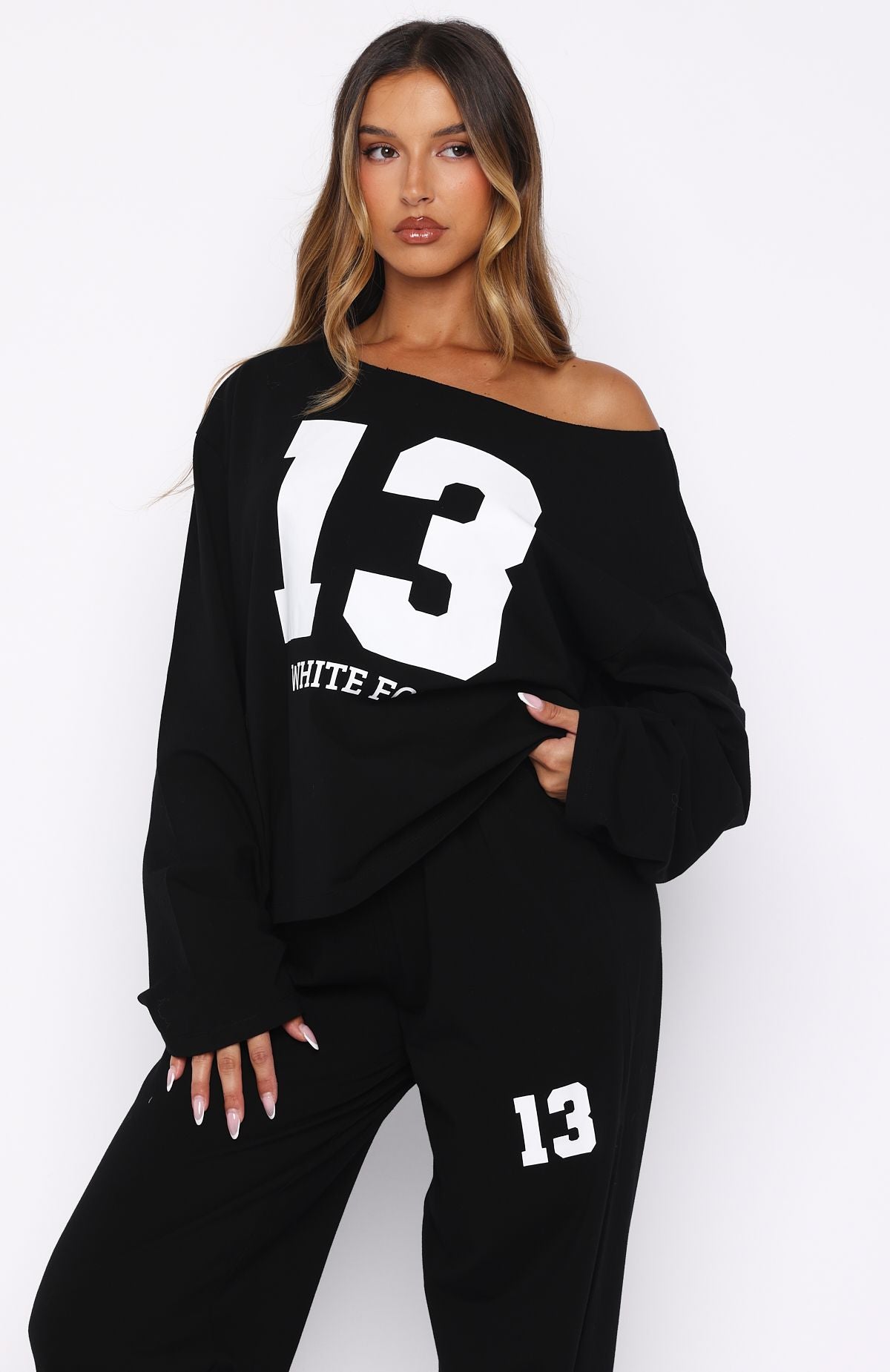 Only One Left Off Shoulder Oversized Long Sleeve Tee Black - Image 2