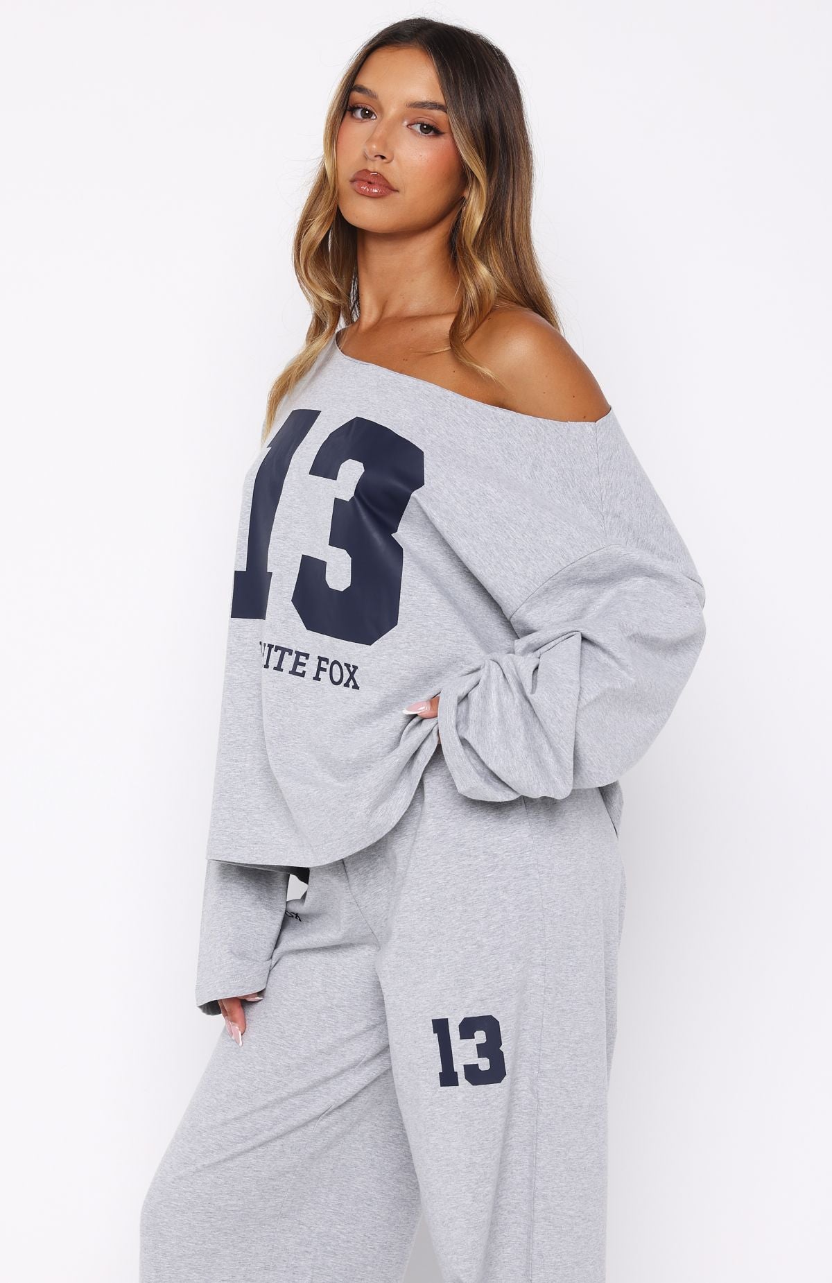 Only One Left Off Shoulder Oversized Long Sleeve Tee Grey Marle - Image 3
