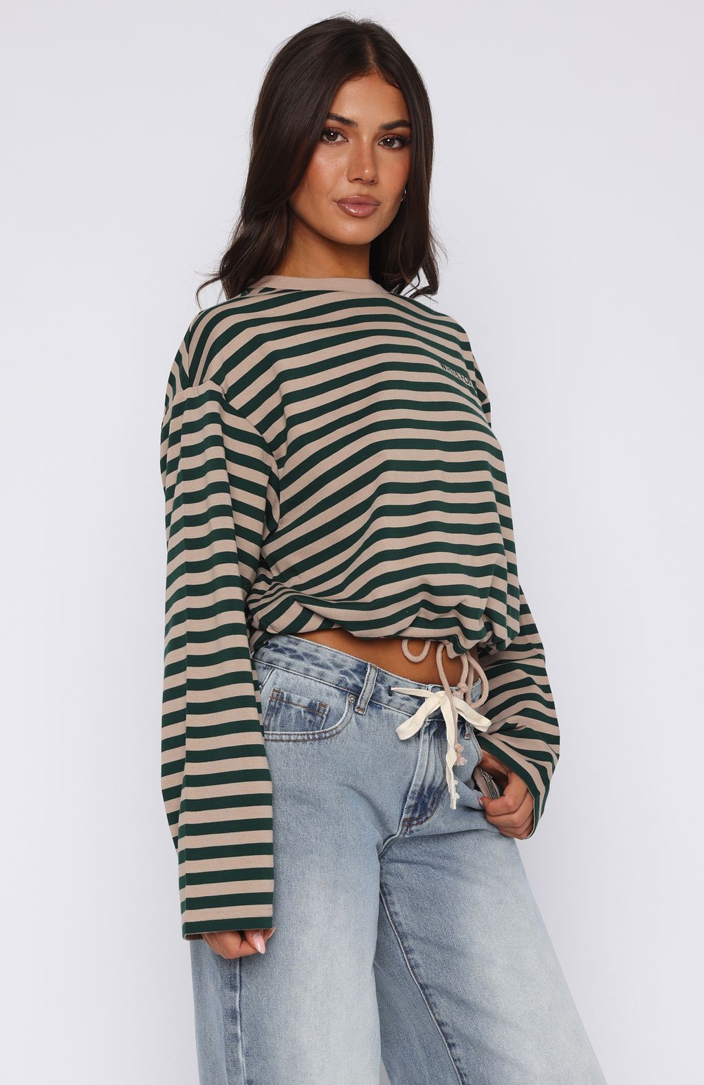 First Time Here Long Sleeve Tee Green/Tan Stripe - Image 3