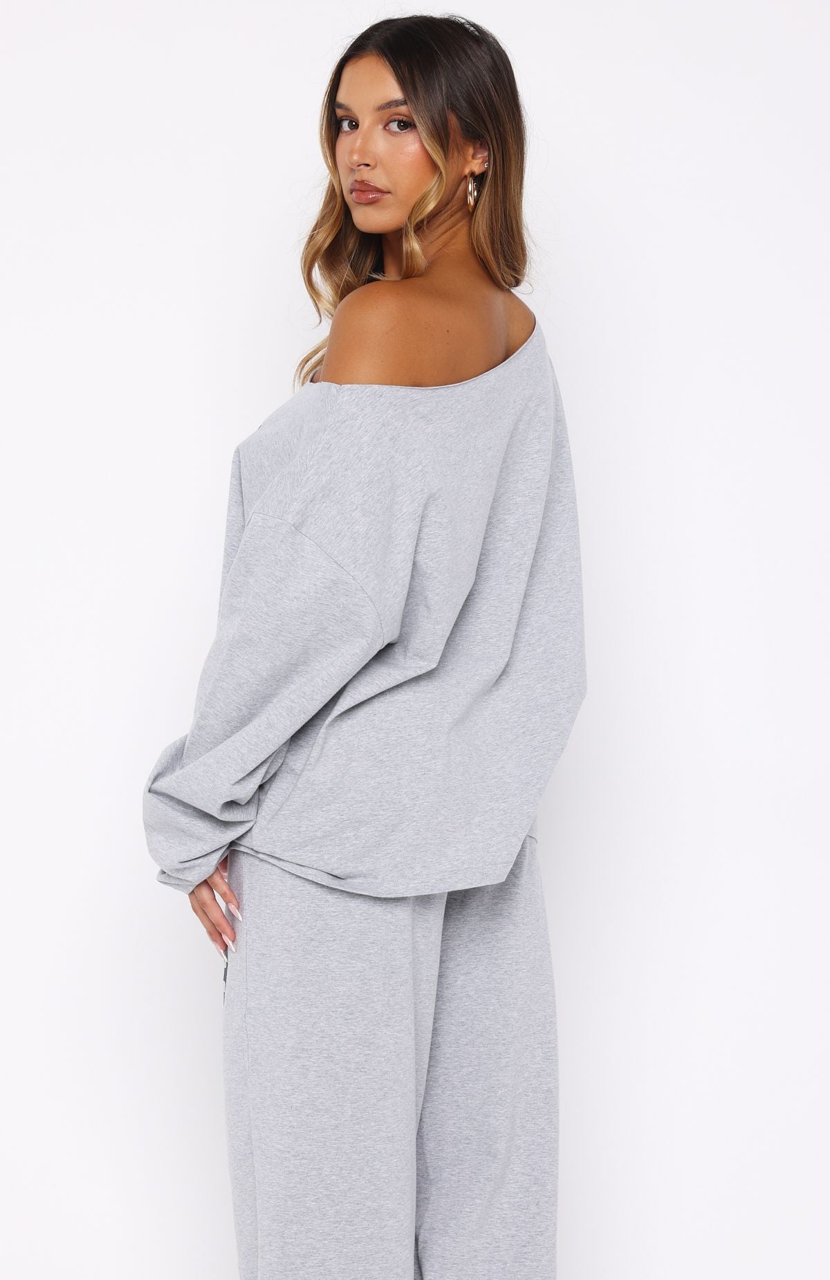 Only One Left Off Shoulder Oversized Long Sleeve Tee Grey Marle - Image 4