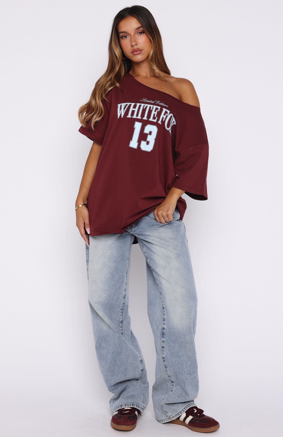 Everything In Time Off Shoulder Oversized Tee Burgundy - Image 5