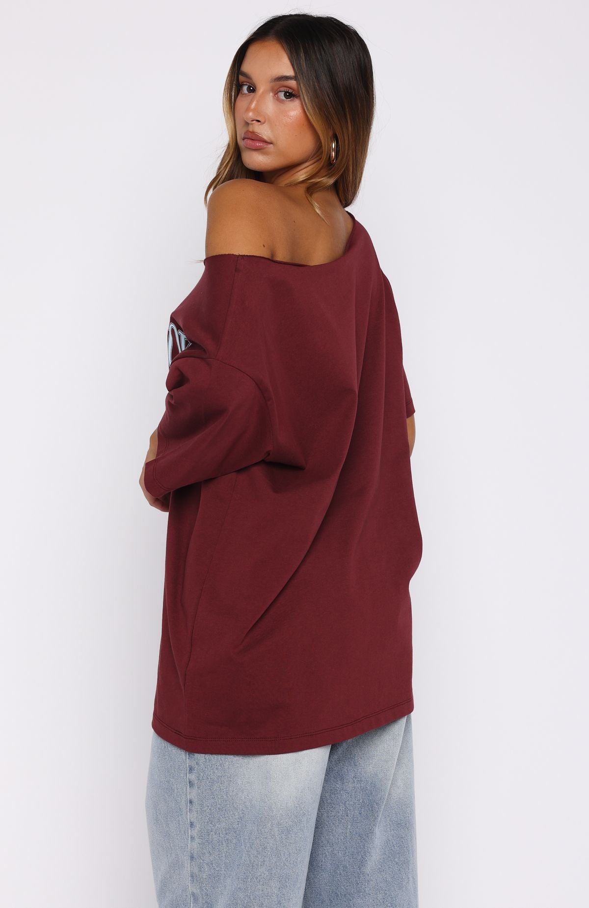 Everything In Time Off Shoulder Oversized Tee Burgundy - Image 4
