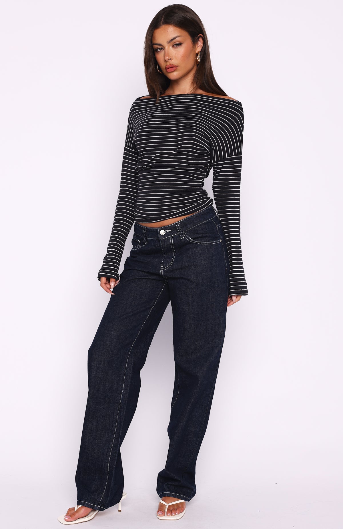 Another Time Cinched Waist Long Sleeve Top Black Stripe - Image 5