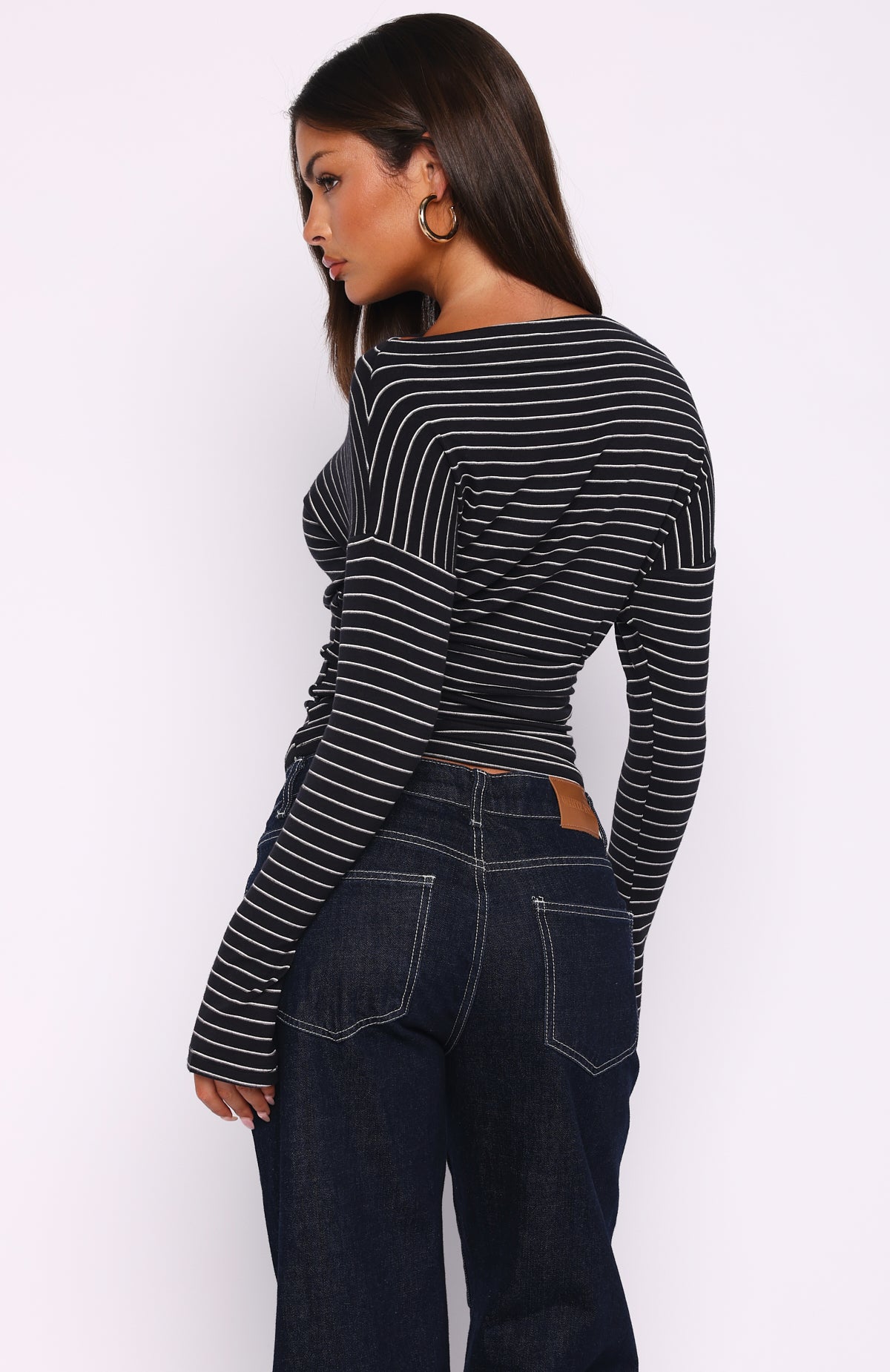 Another Time Cinched Waist Long Sleeve Top Black Stripe - Image 4