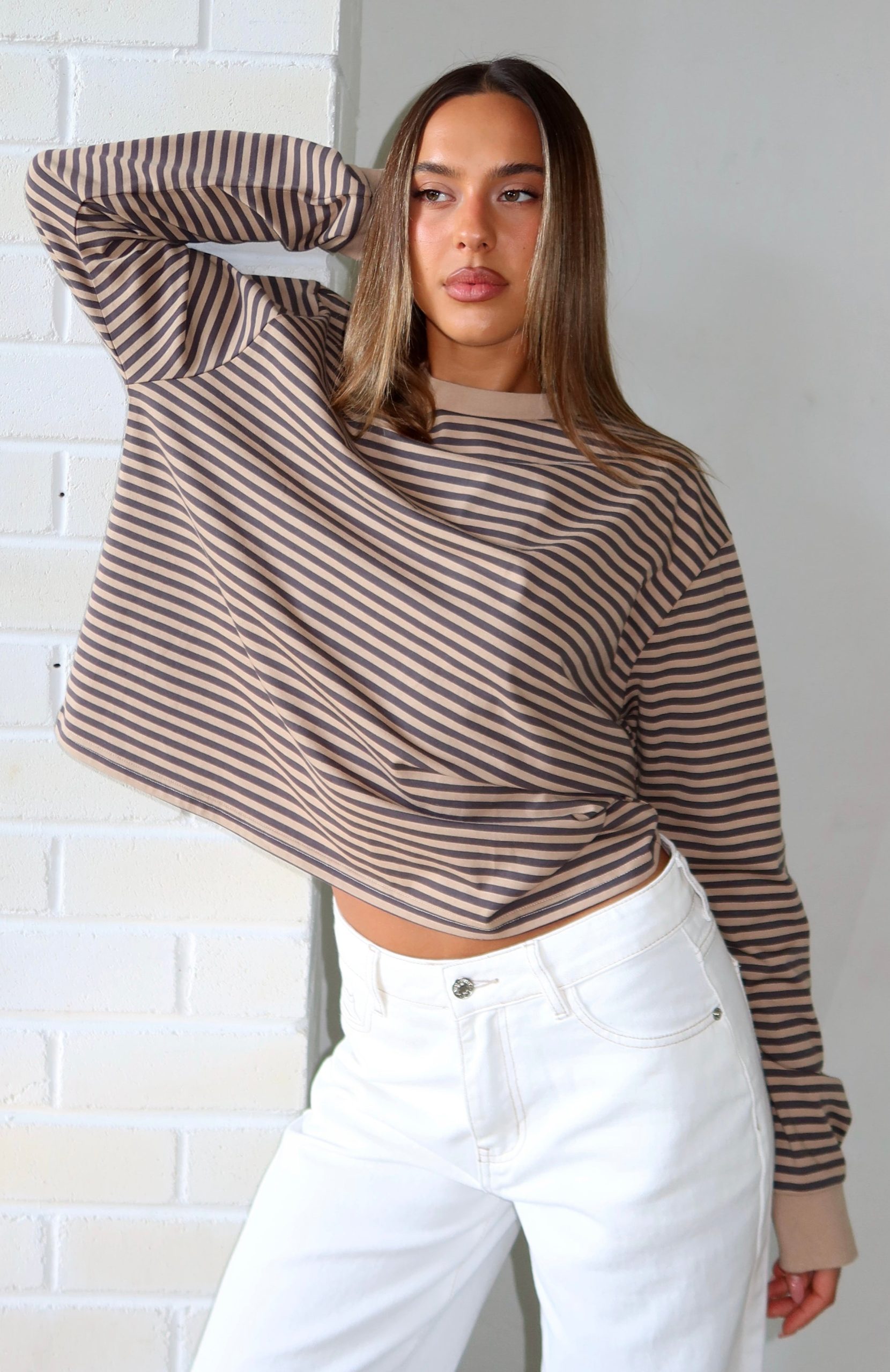 Catch The Drift Long Sleeve Tee Chocolate/Tan Stripe - Image 2