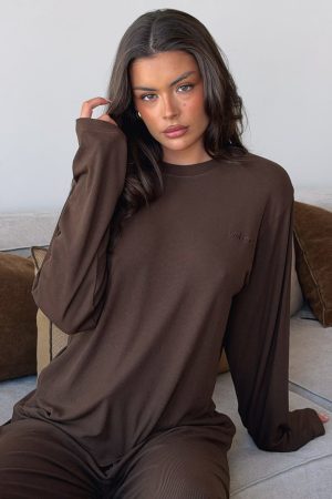 Come A Long Way Soft Lounge Long Sleeve Ribbed Tee Chocolate