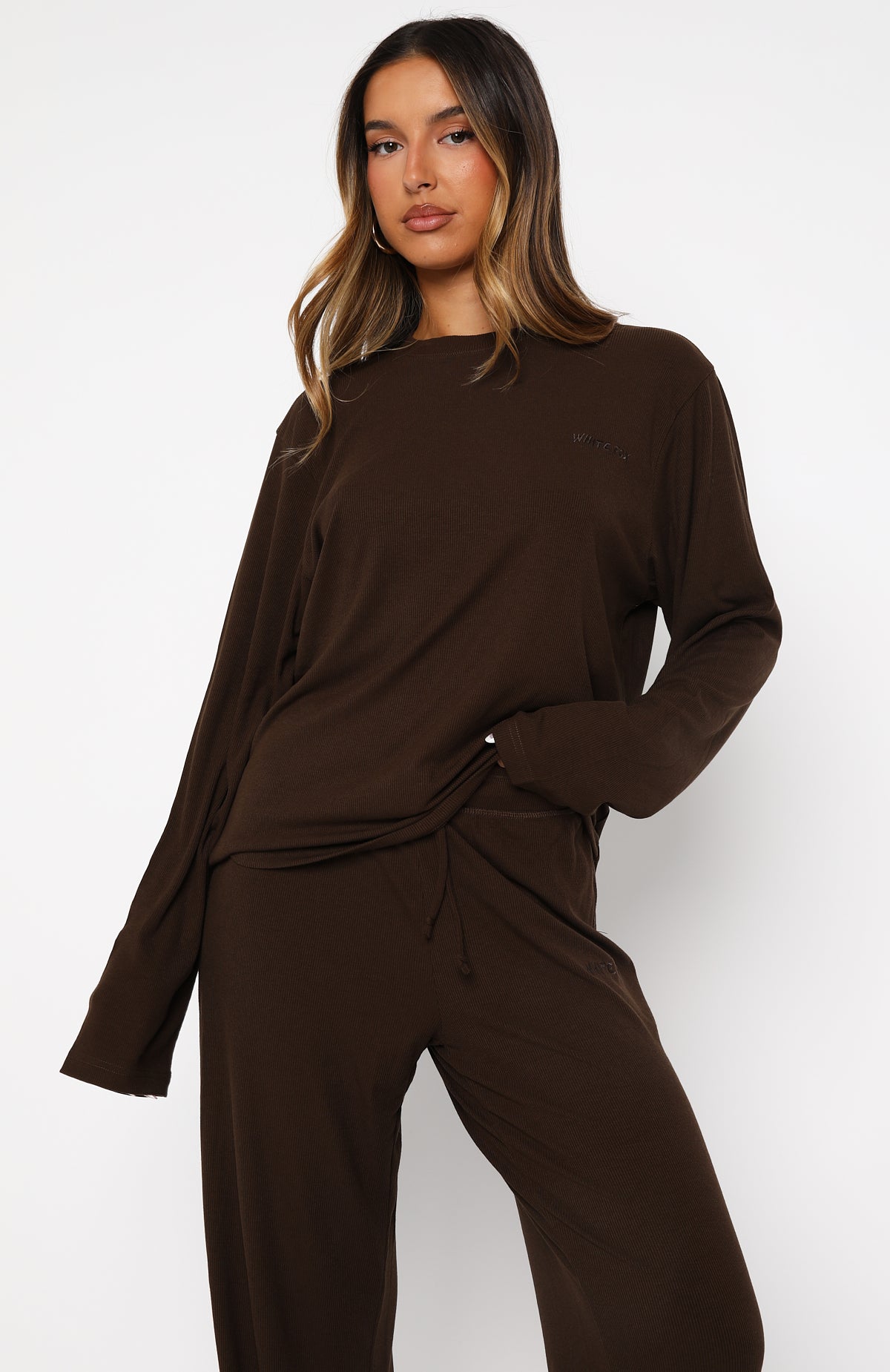 Come A Long Way Soft Lounge Long Sleeve Ribbed Tee Chocolate - Image 2