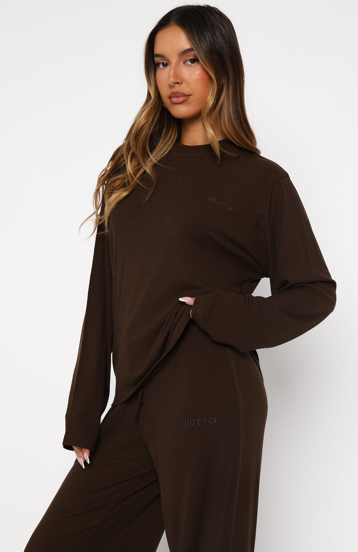 Come A Long Way Soft Lounge Long Sleeve Ribbed Tee Chocolate - Image 3