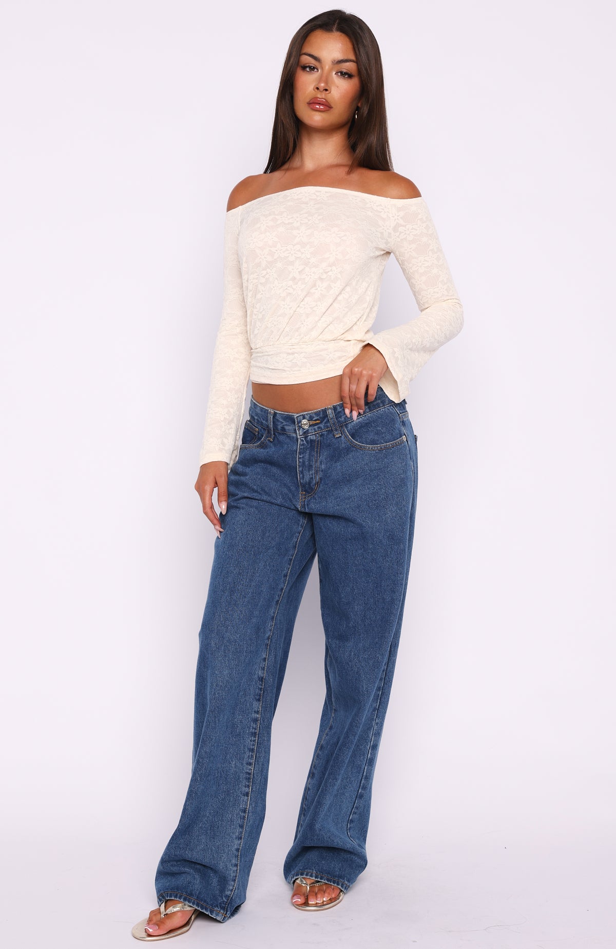 Dancing In The Rain Off Shoulder Long Sleeve Top Cream - Image 5