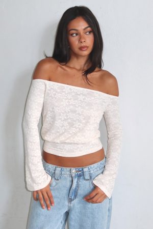 Dancing In The Rain Off Shoulder Long Sleeve Top Cream