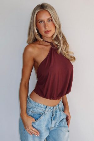 Endless Moment Cinched Waist Halter Top Burgundy