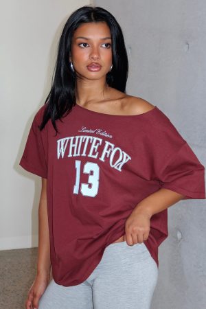 Everything In Time Off Shoulder Oversized Tee Burgundy
