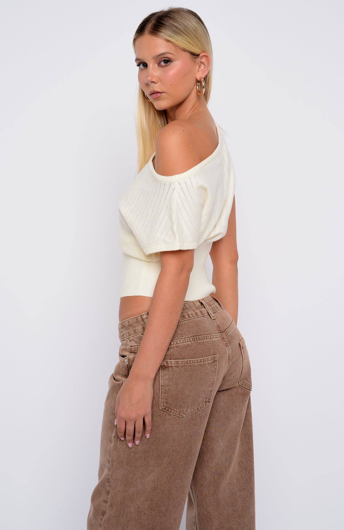 In A Spiral Cinched Waist Off Shoulder Knit Top Cream - Image 4