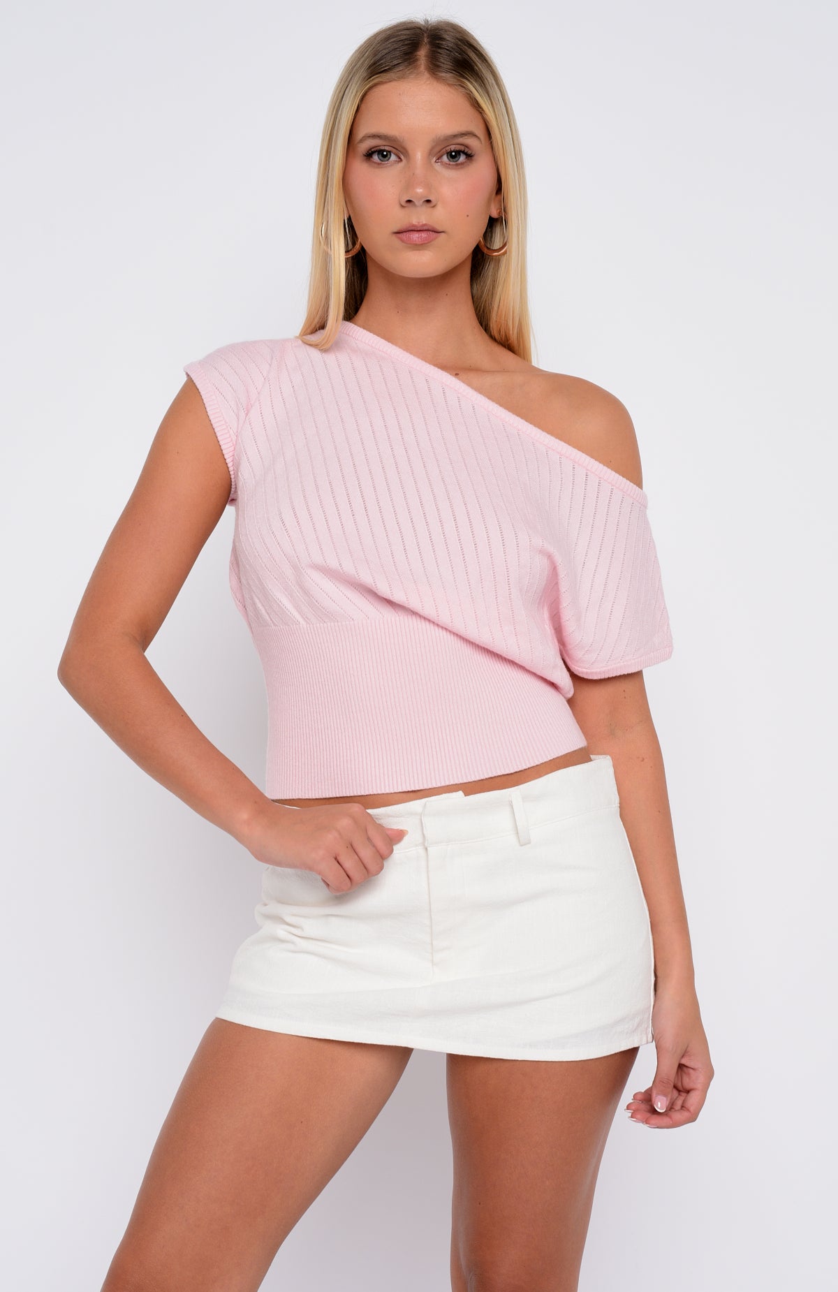 In A Spiral Cinched Waist Off Shoulder Knit Top Pink - Image 2
