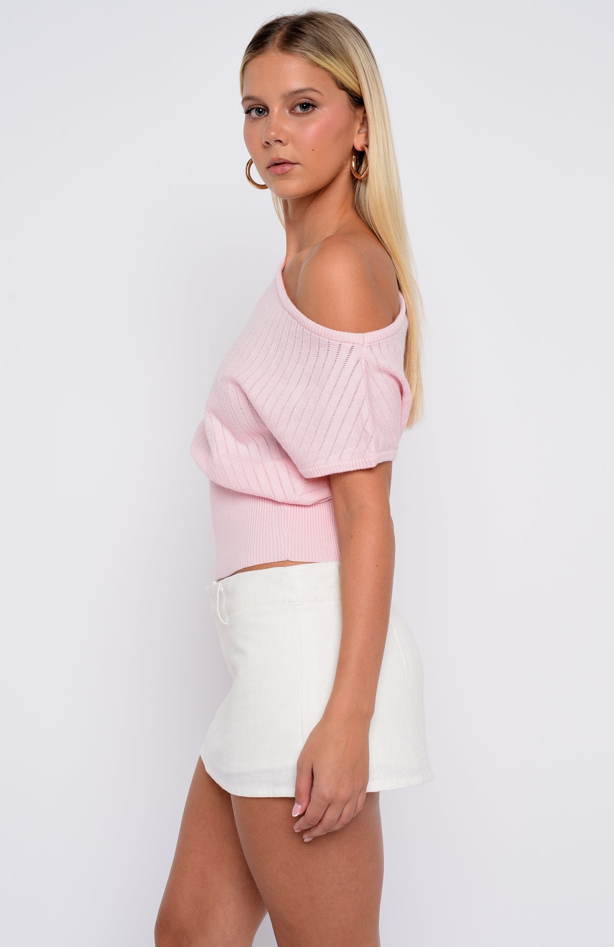 In A Spiral Cinched Waist Off Shoulder Knit Top Pink - Image 3