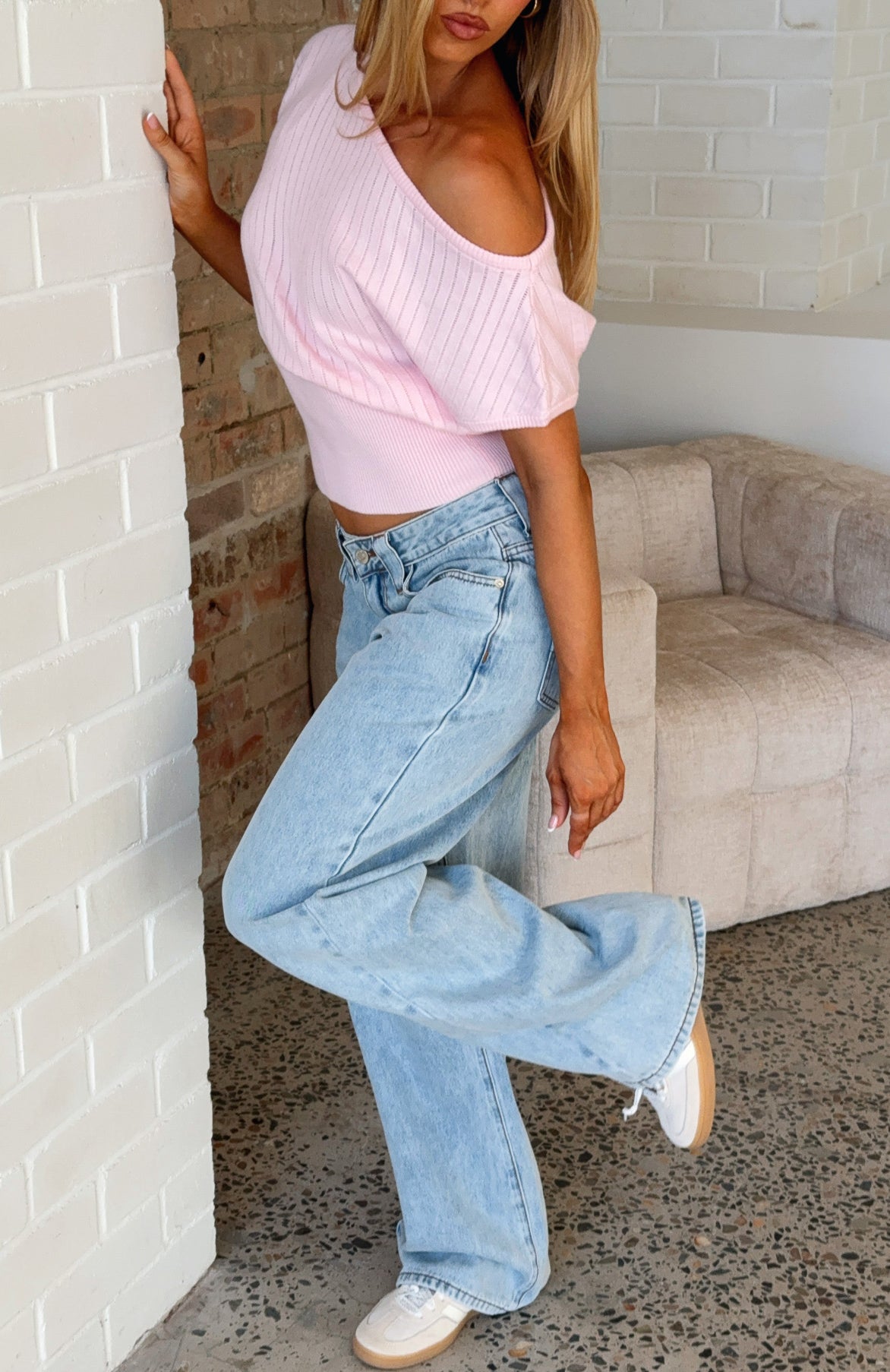 In A Spiral Cinched Waist Off Shoulder Knit Top Pink - Image 6