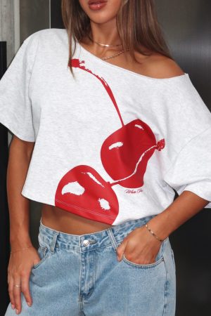 Just In Time Off Shoulder Cropped Tee Grey Marle