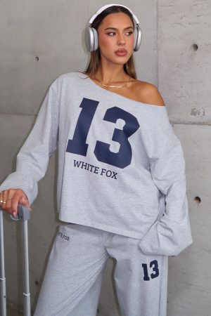 Only One Left Off Shoulder Oversized Long Sleeve Tee Grey Marle