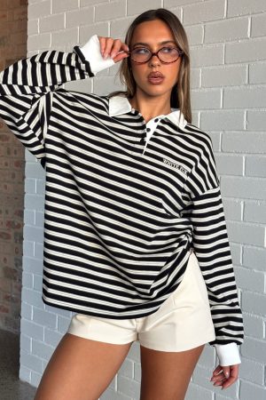 Out Again Long Sleeve Rugby Shirt Black/Grey Stripe