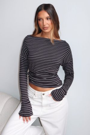 Another Time Cinched Waist Long Sleeve Top Black Stripe