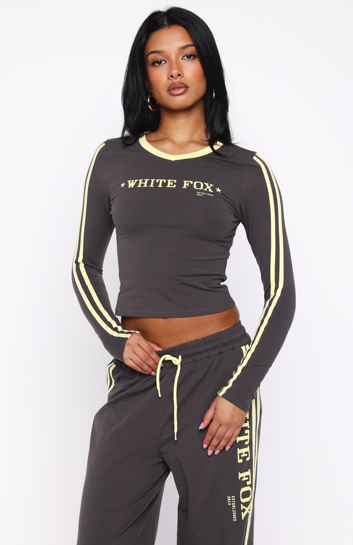 Star Of The Night Long Sleeve V Neck Baby Tee Charcoal - Image 2